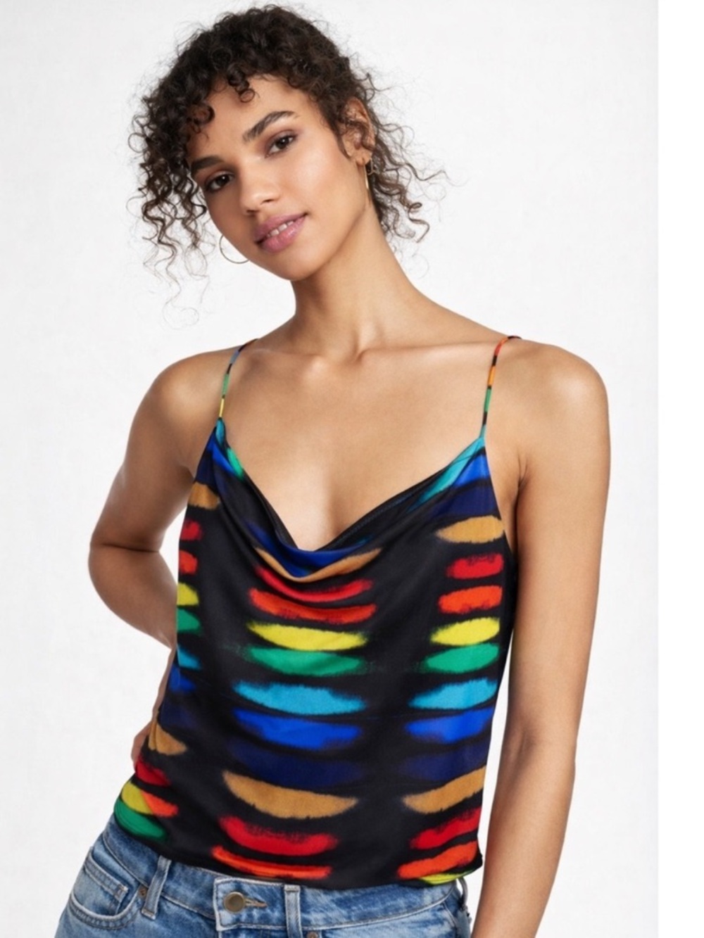 Alice + Olivia Black New Rainbow Black Tie Die Cowl Neck Cami Size large